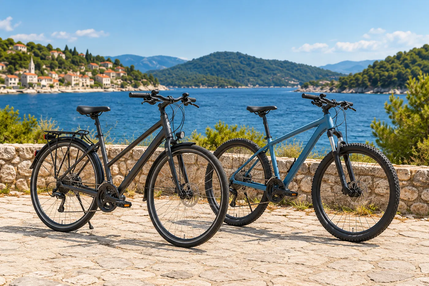 Two bicycles by a stone wall overlooking the sea