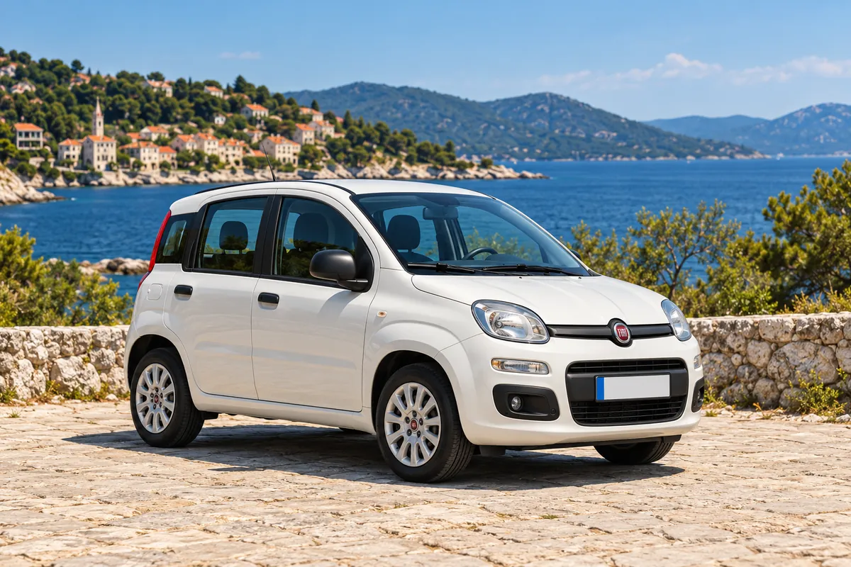 White Fiat Panda parked by the sea