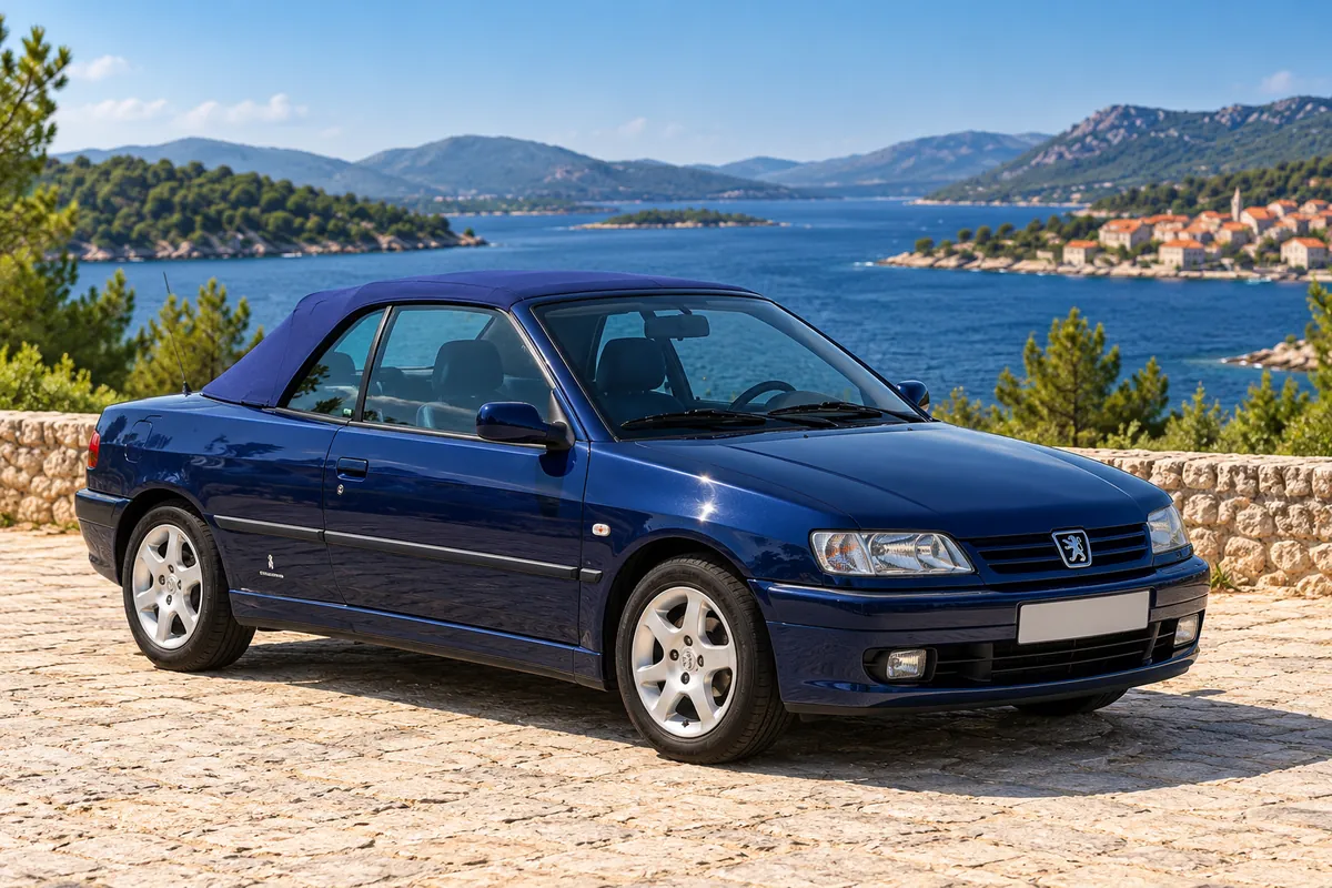 Navy Peugeot 306 Cabriolet parked by the sea