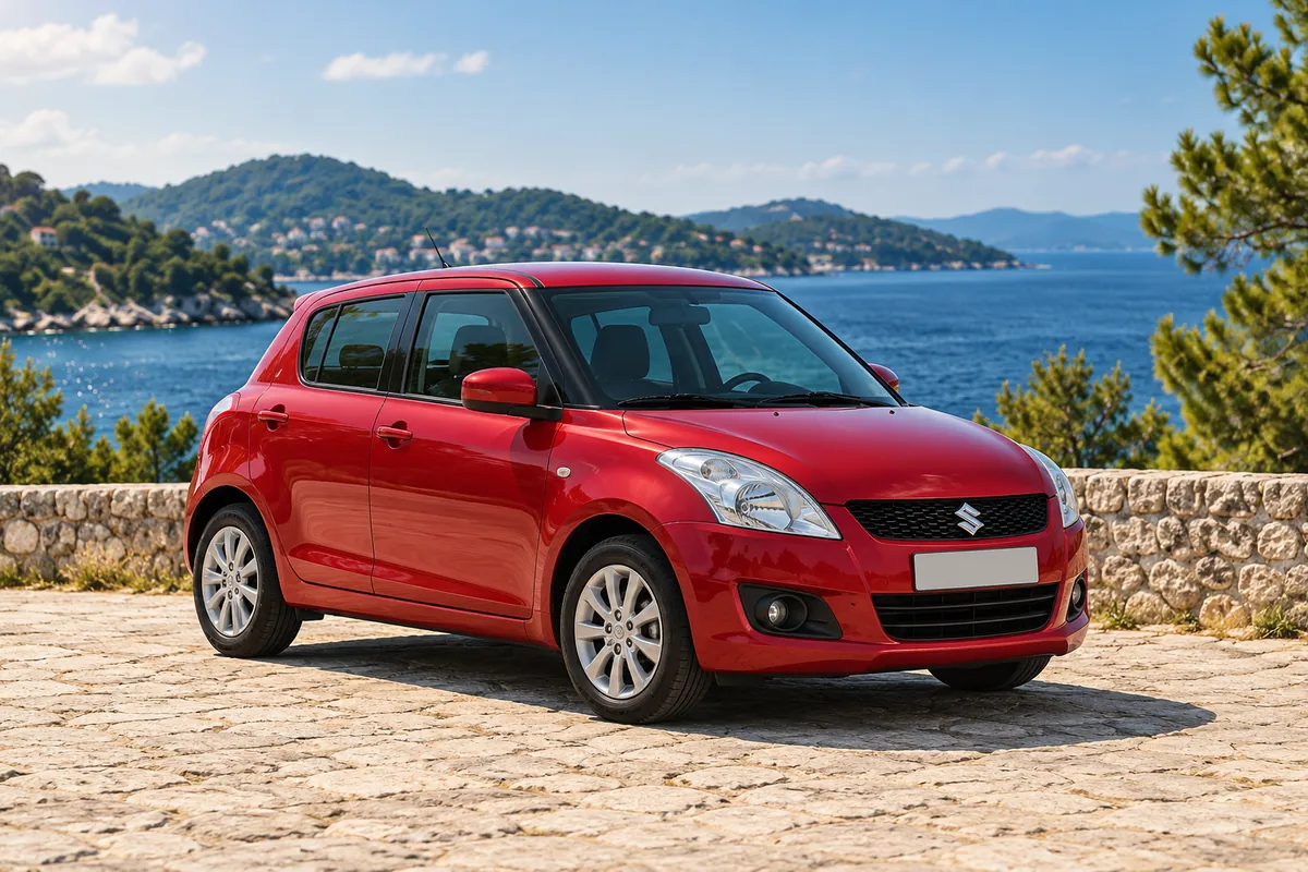 Red Suzuki Swift parked by the sea