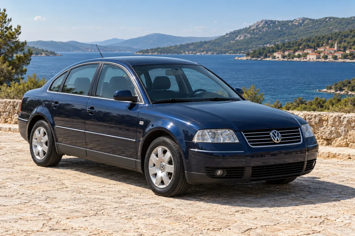 Navy Volkswagen Passat parked by the sea